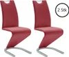 Two red dining chairs with silver cantilever bases are shown against a white background.
