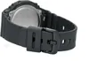 Close-up view of the back of a black watch band and buckle. Voir les images du produit