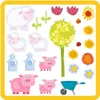 A collection of farm-themed stickers including sheep, pigs, milk bottles, flowers, a tree, apples, and a wheelbarrow. Produktbild-Vorschau