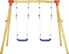 A wooden swing set with two blue swings, shown against a white background. Náhľad obrázku produktu