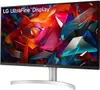 A modern LG UltraFine Display monitor with a vibrant abstract wallpaper displayed on its screen, shown from a slight angle on a silver stand. Produktbild-Vorschau