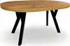 A round wooden table with black legs on a white background. Produktbild-Vorschau