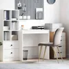 A clean, modern home office setup featuring a white desk, a gray upholstered chair, a white bookshelf, and a pegboard wall organizer. Produktbild-Vorschau