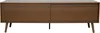 A brown wooden TV cabinet with two sliding doors and four legs, presented against a white background. Voir les images du produit