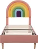 A pink bed frame with a rainbow-shaped headboard, shown from the front. Produktbild-Vorschau