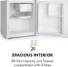 An open mini-refrigerator with its interior visible, accompanied by marketing text and icons. Produktbild-Vorschau