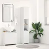 A clean, modern bathroom scene featuring a white vanity with a sink, a tall white storage cabinet, and a large potted plant. Produktbild-Vorschau