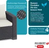 A close-up of a grey rattan-style outdoor sofa with a white cushion, accompanied by marketing text and logos. Produktbild-Vorschau