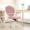 A pink office chair is shown in a room with a desk and shelving unit. Podgląd zdjęcia produktu