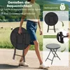A person is carrying a folded table outdoors, with images of the table set up and a close-up of its safety lock. Produktbild-Vorschau
