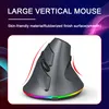 A vertical mouse with RGB lighting on a white background, surrounded by abstract digital art. Produktbild-Vorschau