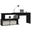 A black corner desk with a bookshelf on the left side, featuring books, a picture frame, and storage boxes. Voir les images du produit