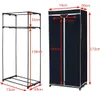 Two views of a black fabric wardrobe, one showing the frame and the other the assembled wardrobe with dimensions indicated. Náhľad obrázku produktu