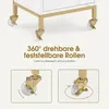 Close-up of the wheels of a rolling cart, with text and diagrams explaining their functionality. Produktbild-Vorschau
