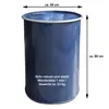 A blue metal drum with dimensions and descriptive text overlaid. Anteprima dell’immagine prodotto