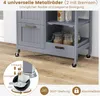 A gray kitchen cart with wheels is shown on a wooden floor. There are jars of food on the shelves. A close-up inset shows the locking mechanism of one of the wheels. Podgląd zdjęcia produktu