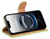 A green and brown book-style phone case is open, displaying a smartphone screen with a reflective image. Produktbild-Vorschau