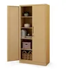 A beige metal cabinet with its left door open, revealing shelves with various items. Produktbild-Vorschau