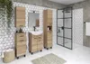 A modern bathroom with wooden vanity, sink, mirror, and a glass shower enclosure. Náhled obrázku produktu