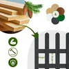 A collage of images showing wooden planks, pine cones, colorful circles representing different finishes, and a close-up of a dark gray wooden fence with dimensions indicated. Náhled obrázku produktu