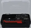 A black and red electric screwdriver set in a black case with a clear plastic lid. Voir les images du produit