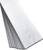A stack of white wood-look panels with a gray wood grain pattern, angled on a white background.
