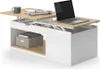 A lift-top coffee table with storage, featuring a laptop, newspaper, and books. Voir les images du produit