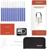 A collection of lock picking tools and a practice lock are displayed on a white background, along with packaging and a user guide. Produktbild-Vorschau
