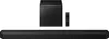 A black soundbar, subwoofer, and remote control are displayed against a white background. Produktbild-Vorschau