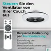 A ceiling fan with an integrated light fixture is shown along with a remote control and descriptive text. Produktbild-Vorschau
