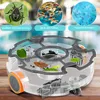 A pool cleaning robot is shown with three circular insets above it, illustrating the types of debris it can collect: insects, leaves, and general dirt. The background appears to be a poolside setting. Produktbild-Vorschau
