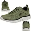 Multiple views of a pair of olive green Skechers athletic shoes against a white background. Produktbild-Vorschau