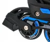 A close-up view of the wheels and frame of a pair of black and blue roller skates. Voir les images du produit