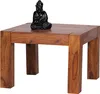 A dark brown wooden side table with a black Buddha statue on top, set against a white background. Produktbild-Vorschau