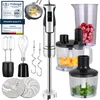 A collage showcasing a silver and black hand blender with various attachments, including whisks, chopping blades, and mixing containers filled with ingredients like raspberries, pumpkin, and greens. A 'Proven Quality' badge and a 'Prüfengel' certification  Náhľad obrázku produktu