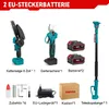 A product image displaying various gardening tools and accessories, including a chainsaw, pruning shears, batteries, a charger, and a telescopic pole, arranged on a white background with text labels. Produktbild-Vorschau