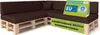A sectional sofa made from wooden pallets with brown cushions, featuring marketing labels. Náhľad obrázku produktu