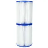Two stacked white cylindrical pool filters with blue rims, isolated on a white background. Produktbild-Vorschau