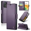 A collage of images showing a purple leather wallet-style phone case for a Samsung Galaxy A33 5G, displaying its features like card slots and stand function.