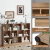 A bookshelf filled with books and decorative items, with close-up shots of its construction and features on the right side. Náhled obrázku produktu