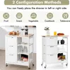 Two views of a white kitchen cart with a wooden top, showing different configurations and items placed on it. Náhľad obrázku produktu