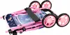 A folded pink doll stroller with a blue fabric seat and dragonfly pattern. Produktbild-Vorschau