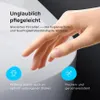 A hand touching a white toilet surface, with marketing text and icons overlaid. Produktbild-Vorschau