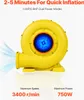A yellow air blower with blue light emanating from the center, set against a white background. Text overlays provide product specifications. Anteprima dell’immagine prodotto