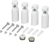 A collection of white and silver bathroom hardware components, including radiator brackets, screws, and caps, laid out on a white background. Produktbild-Vorschau