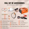 A flat lay of a compressor and its accessories, with labels and descriptions. Produktbild-Vorschau