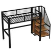 A black metal loft bed with wooden shelves and stairs, shown against a white background. Anteprima dell’immagine prodotto