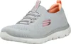 A single gray Skechers shoe with pink and orange accents is shown against a white background. Produktbild-Vorschau