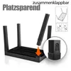 An illustration showing how to assemble a black plastic table, with a close-up of the leg attachment. Produktbild-Vorschau