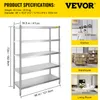A collage showing a stainless steel shelving unit with dimensions, and three smaller images depicting its use in a kitchen, warehouse, and living room. Podgląd zdjęcia produktu